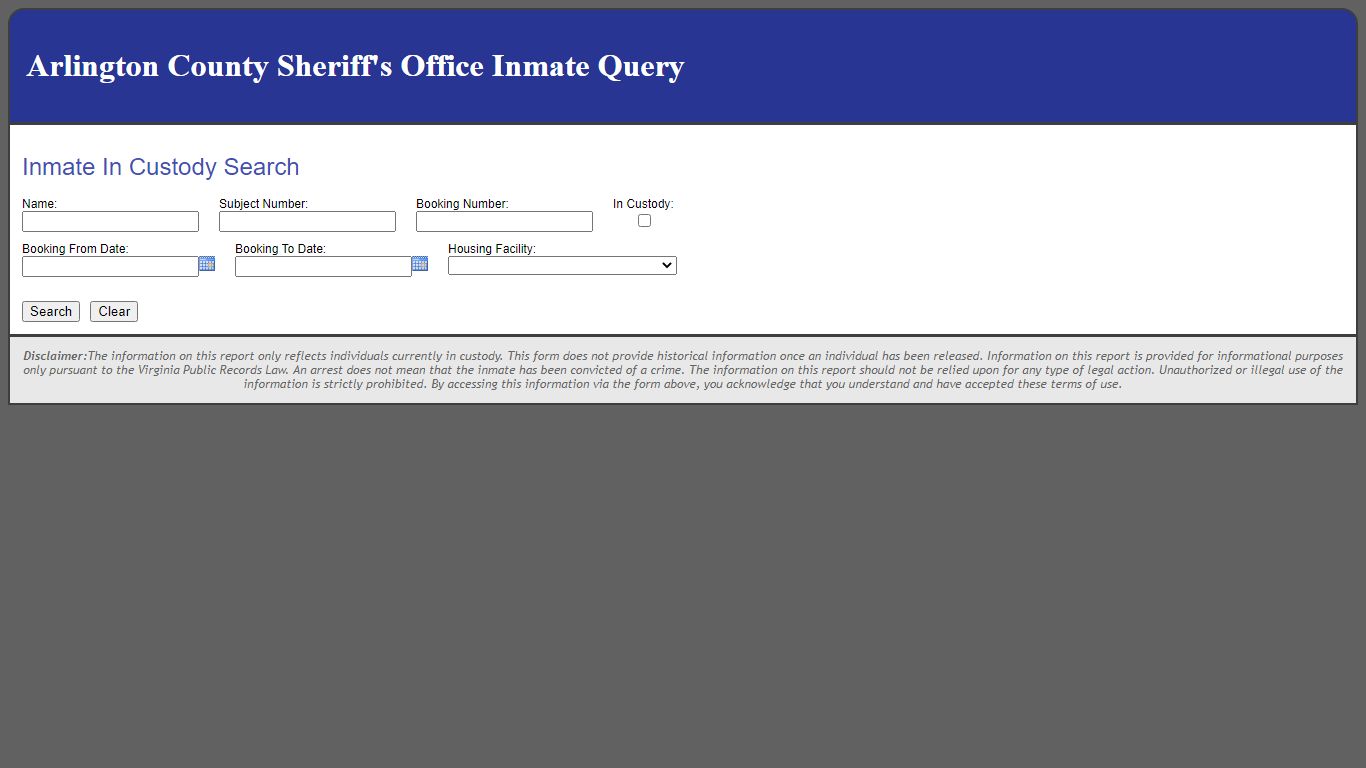 Inmate In Custody Search - Arlington County, Virginia